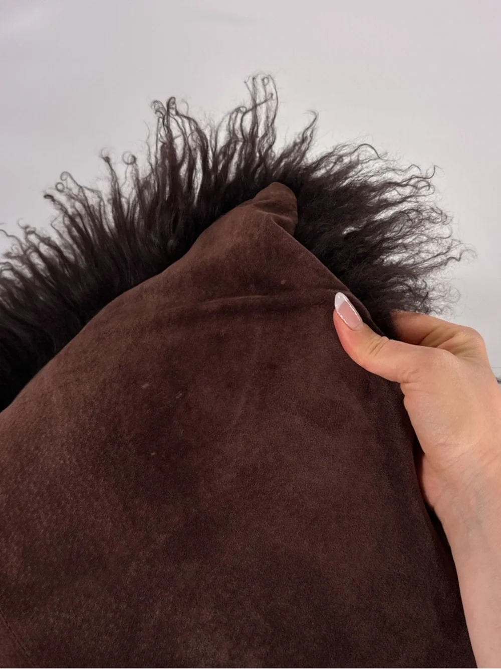 Real Mongolian Lamb Fur Throw Pillow Chocolate Brown Suede Backing 21x21